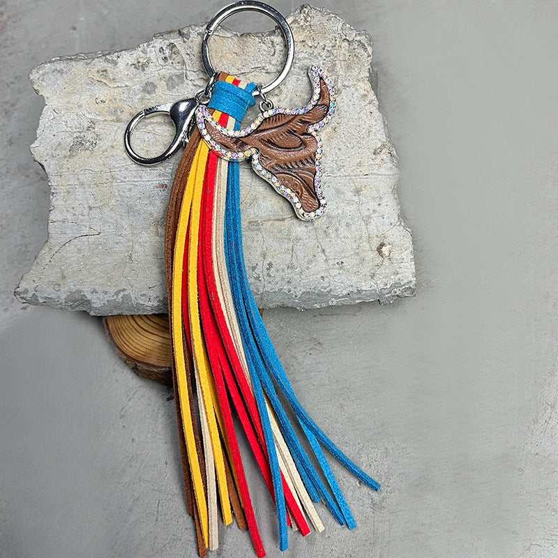 Wholesale 2pcs/pack Leather Bull Head Colorful Tassel Ethnic Style Keychain